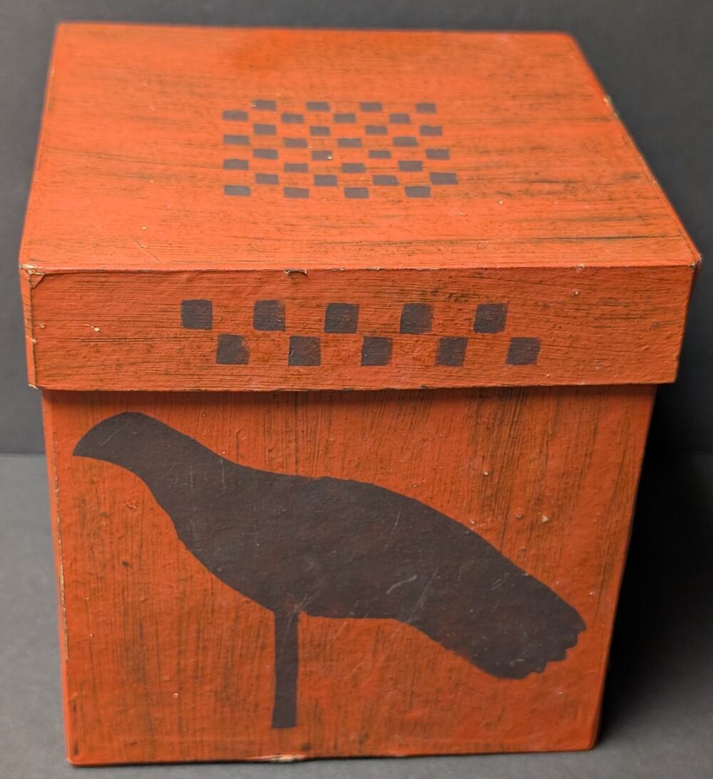 Halloween Raven Hand Painted Box 6x6x5.75" Orange Black Square Cardboard Gift